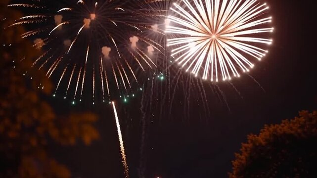 Two fireworks exploding in the night sky with bright white and green sparks against a dark background