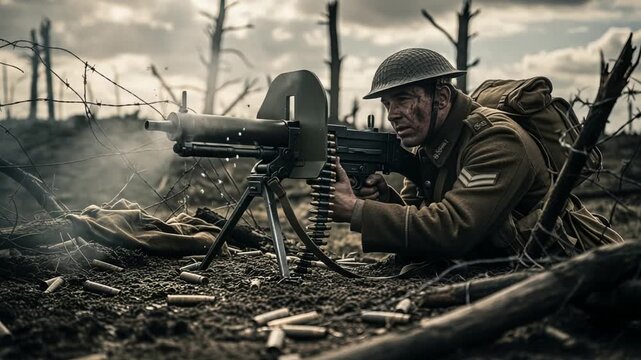 Soldier firing gun, Caucasian soldier operating firearm in battlefield