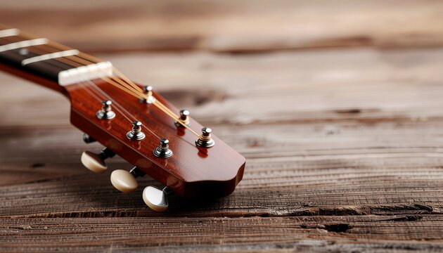 Acoustic Guitar Headstock on Rustic Wooden Surface – Close Up Music Background