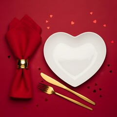 Elegant valentines dinner setting with heart plate, red napkin, gold cutlery