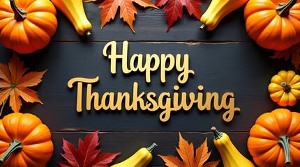 Elegant Happy Thanksgiving text overlay with bright pumpkins, gourds, and maple leaves on a textured dark wood background, rich autumn tones, festive mood
