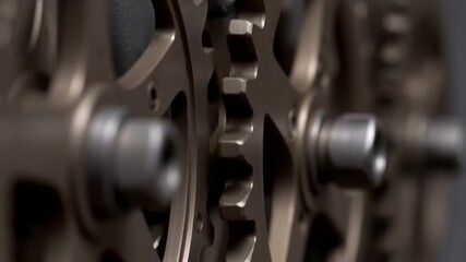 Close up of intricate metal gears and axles in motion demonstrating complex mechanical system