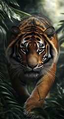 Majestic Tiger Prowls Through Dense Jungle in Search of Prey at Dusk