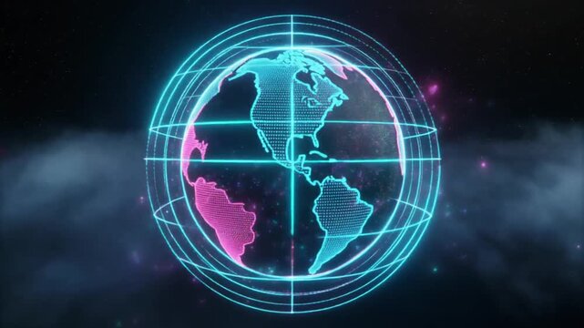 Digital globe map with illuminated continents and grid lines. Suitable for graphics, presentations, and educational content on global geography and navigation.