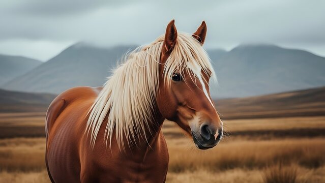 A chestnut horse with a cream mane in a grassy field with mountains behind.