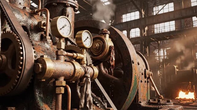 Antique industrial engine with steam and gauges in a workshop setting