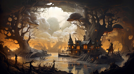 Obraz premium A mysterious fantasy village with glowing windows sits by a calm river inside a vast ancient forest of surreal tree forms, creating an enchanting fairytale atmosphere.