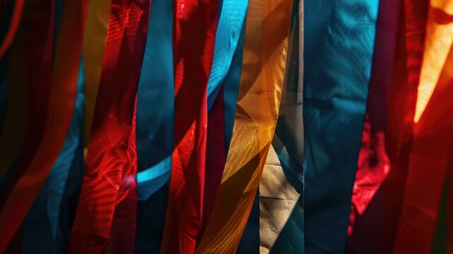 Video A collection of colorful ties suspended from the ceiling, ideal for use in presentations or as decorative element