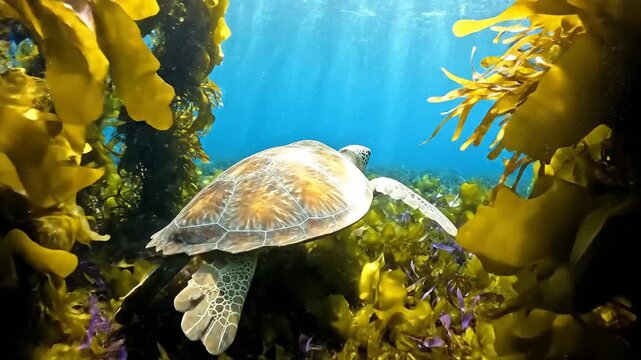 A sea turtle swims through lush kelp forest in clear, blue ocean water