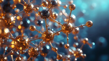 Abstract molecular structure with glowing golden atoms and bokeh background