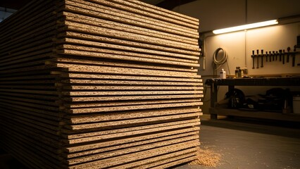 A large stack of oriented strand board in a workshop with tools and equipment visible in the background