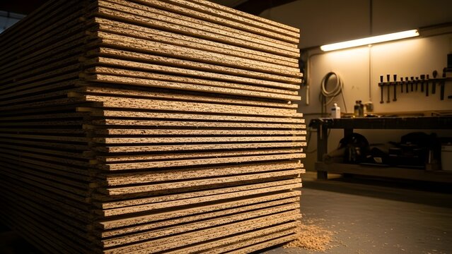A large stack of oriented strand board in a workshop with tools and equipment visible in the background