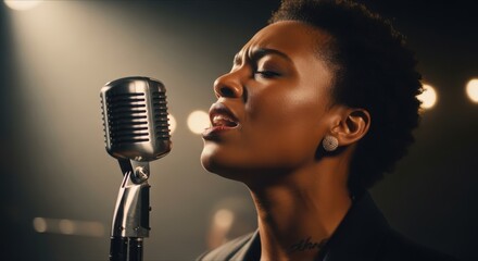 Passionate Female Singer Performing on Stage with Vintage Microphone and Lights