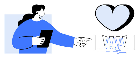 Woman holding a tablet while pointing to heart and waterfall evoking concepts of love, empathy, and emotional flow. Ideal for kindness, support, guidance, emotional intelligence, connection, mental