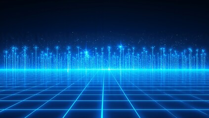 Abstract blue digital cityscape with glowing grid floor and futuristic skyline