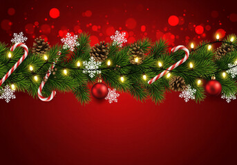 Naklejka premium Festive christmas garland adorned with lights ornaments candy canes and snowflakes on red background