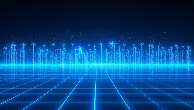 Abstract blue digital cityscape with glowing grid floor and futuristic skyline