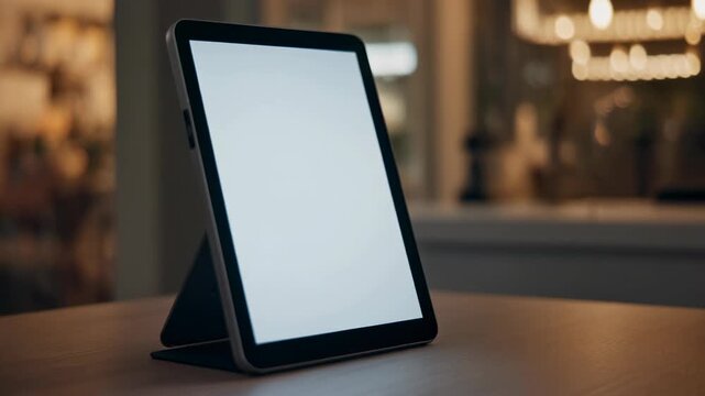 Tablet rises into view as its glowing screen fills the frame with sleek intention