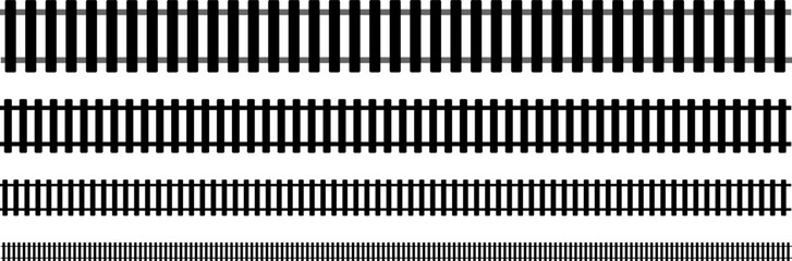 Four different styles of repeatable and seamless train track borders, graphic design elements representing travel, transportation and journeys