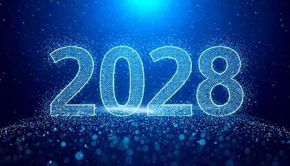 A glowing, futuristic digital representation of the year 2028, composed of sparkling particles on a deep blue background with a bright light.