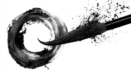 A dynamic black paintbrush creates a swirling ink circle, splattering paint across a crisp white background, showcasing artistic motion and fluid abstraction.