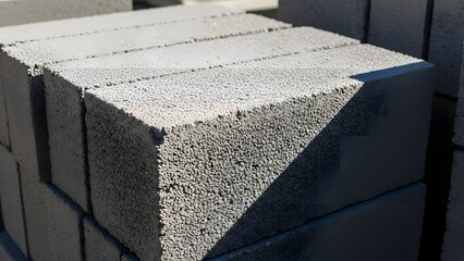 A close up shot of a stack of gray concrete blocks with a rough textured surface in the sunlight