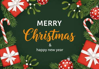 Festive merry christmas and happy new year greeting card with gifts candy canes and ornaments