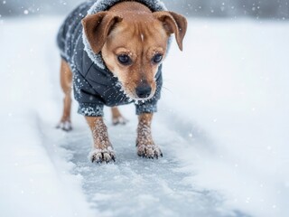 a dog in overalls walks through the snow
