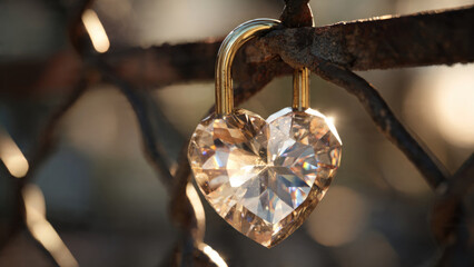 A beautiful faceted heart-shaped crystal padlock, glowing with warm light, is securely attached to a weathered, rusty metal structure.