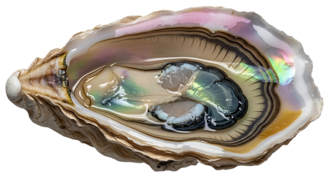 Open oyster with iridescent shell and pearl