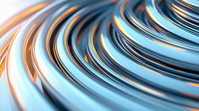 Close-up of a series of abstract metallic rings, arranged in a swirling pattern, with bright lighting and reflections.