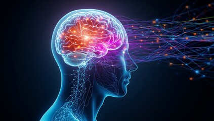 Abstract human head profile with glowing brain and digital network connections