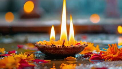 Video A lit candle is placed amidst colorful flowers and petals, ideal for romantic or intimate settings