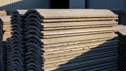 A large stack of curved concrete roof tiles sitting outside in the sunlight ready for installation