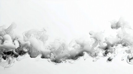 Abstract image of smoke or vapor flowing against a white background, creating an artistic effect with grayscale tones.