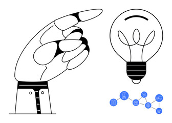 Hand pointing at glowing lightbulb with small blue network icons, symbolizing innovation, creativity, connection, direction, ideas, problem-solving, and teamwork as a simple flat metaphor