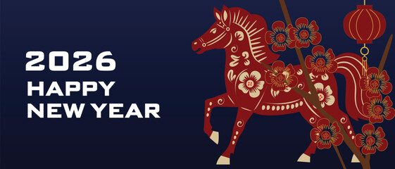 Chinese Lunar New Year 2026 web banner with red horse illustration in traditional Chinese style, festive oriental design with decorative elements on a dark blue background