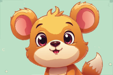 A cute cartoon bear cub with big expressive eyes smiles warmly against a soft, pastel green background, evoking a sense of gentle happiness.