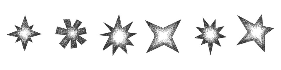 Stippling dots halftone grainy gradient stars set. Vintage vector elements collection for Christmas or New Year decor isolated on transparent background.