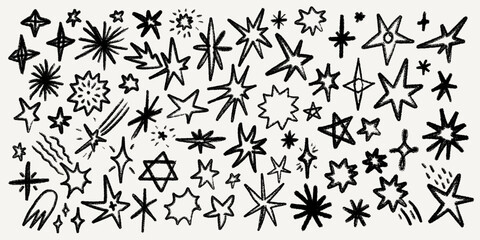 Crayon line star collection with hand drawn sketch texture, doodle stars, comets and sparks in chalk style. Crayon star line illustration with sketch texture