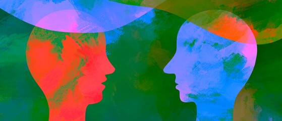 Disegno grafico creativo dialogo tra due persone. Comunicazione. Parlare con pensiero. Telepatia