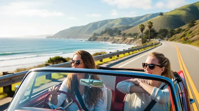Two women driving a convertible car along the coastal highway on a sunny day out
