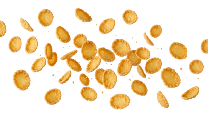 Golden corn flakes falling against black background