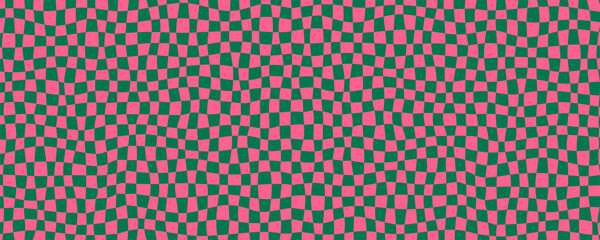 Groovy pattern background with pink and green checker waves in retro style. Checkered background with distorted squares and smooth flow. Vector illustration