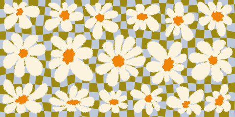 Groovy daisy background with abstract white flowers on green and blue checkered pattern. Groovy daisy composition in retro floral style with soft texture. Vector illustration