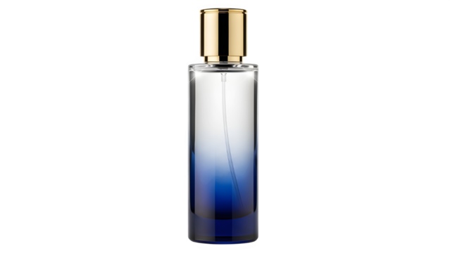 Elegant blue gradient perfume bottle with gold cap isolated on transparent background