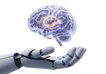 Robotic hand presenting a digital brain with glowing core