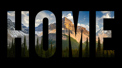 Mountain landscape inside bold HOME typography with dramatic rocky peaks, evergreen forest and warm sunset light on black background
