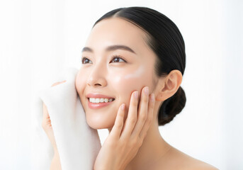 Smiling Asian woman gently presses a white cloth to her face, bathed in soft, bright light, creating a clean, serene, and healthy ambiance.
