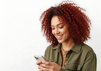 Young woman with curly red hair laughing while using her smartphone